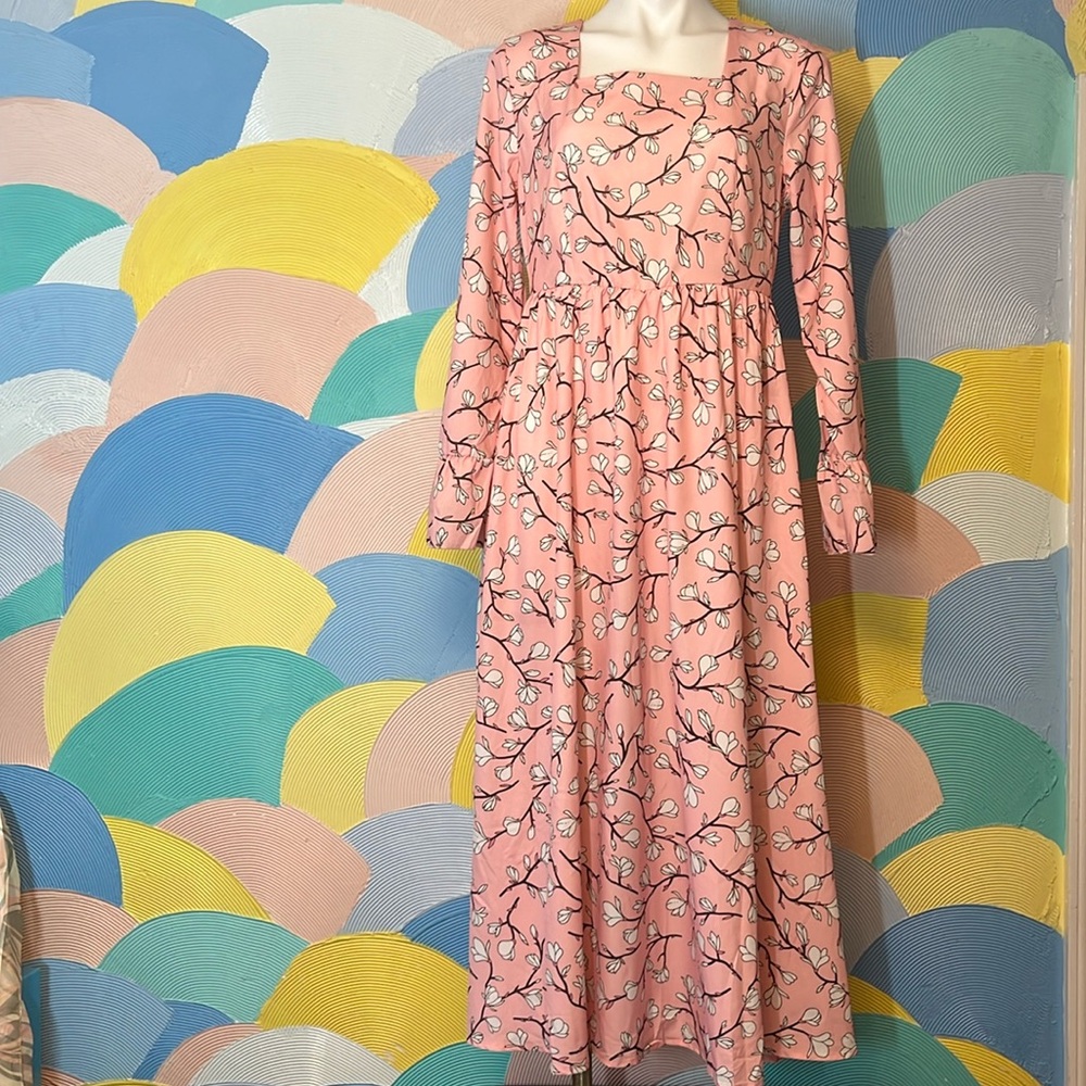 Blush Pink Floral Square-Neck Maxi Dress